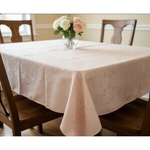 Vtg Square Tablecloth And Napkins Peachy Pink Floral Metallic 47"x47" & 12"x12"